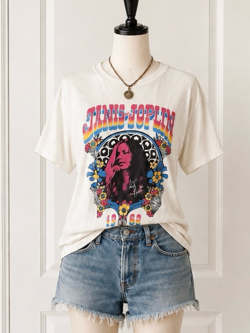 Golden Janis Joplin Graphic Tee - White with Pink, Blue & Yellow Print
